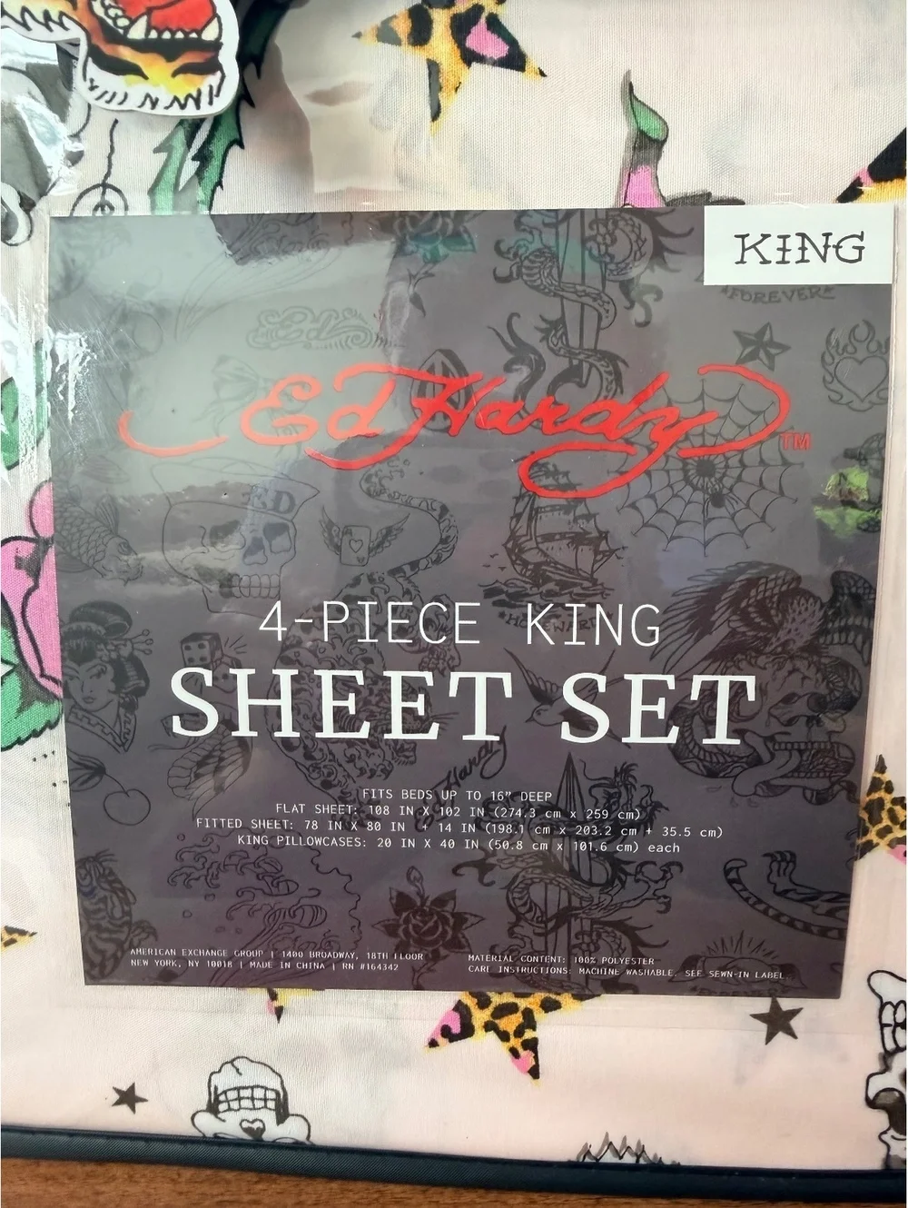 Ed Hardy 4-Piece King Sheet Set Pink Tattoo Print